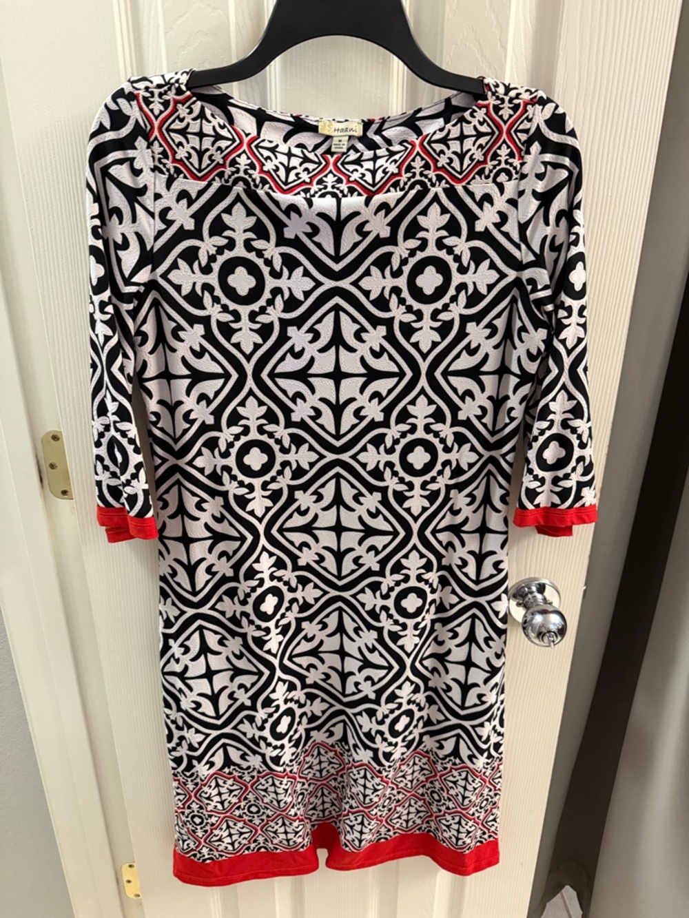 Haani Black & White Geometric Midi Dress with Red Trim